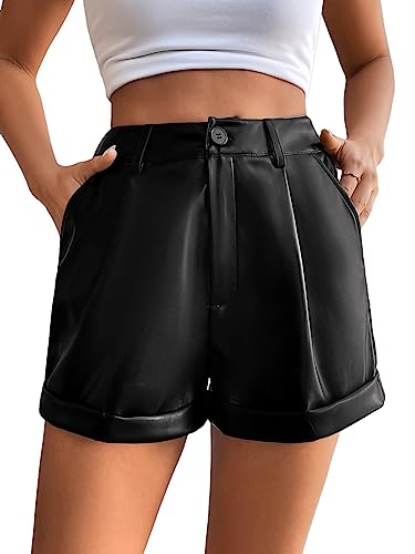 GORGLITTER Damen PU Leder Shorts Kurze Hose PU Lederoptik Kunstlederhose Nachtclub Short mit Taschen Schwarz L von GORGLITTER