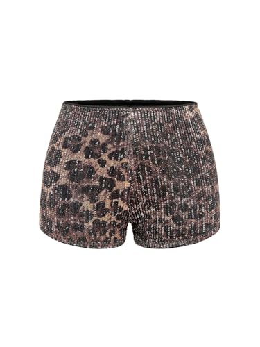GORGLITTER Damen Pailletten Shorts Y2K Party Short mit Leopardmuster Rave Kurz Hosen mit Reißverschluss Minishorts Hotpants Festival Outfit Leoparden M von GORGLITTER