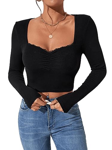 GORGLITTER Damen Petite Crop T-Shirt Kurz Langarm Shirt Y2K Slim Oberteil Spitzenbesatz Croptop Herbstshirt mit Herzausschnitt Schwarz L von GORGLITTER