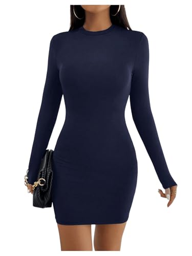 GORGLITTER Damen Petite Figurbetontes Kleid Bodycon Minikleid Langarm Basic Herbstkleid Freizeitkleid mit Rundhals Dunkelblau S von GORGLITTER