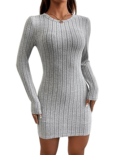 GORGLITTER Damen Petite Figurbetontes Kleid Bodycon Minikleid Strick Herbstkleid Langarm Kleider mit Rundhals Grau L von GORGLITTER