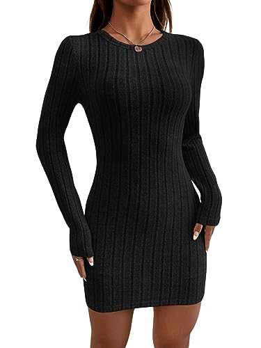 GORGLITTER Damen Petite Figurbetontes Kleid Bodycon Minikleid Strick Herbstkleid Langarm Kleider mit Rundhals Schwarz L von GORGLITTER