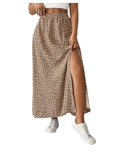 GORGLITTER Damen Petite Sommerrock Blümchen Casual Mit Schlitz - Freizeit Urlaub Rock Mit Elastischer Taille Braun XS von GORGLITTER