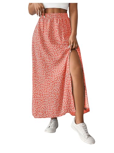 GORGLITTER Damen Petite Sommerrock Blümchen Casual Mit Schlitz - Freizeit Urlaub Rock Mit Elastischer Taille - Orange M von GORGLITTER