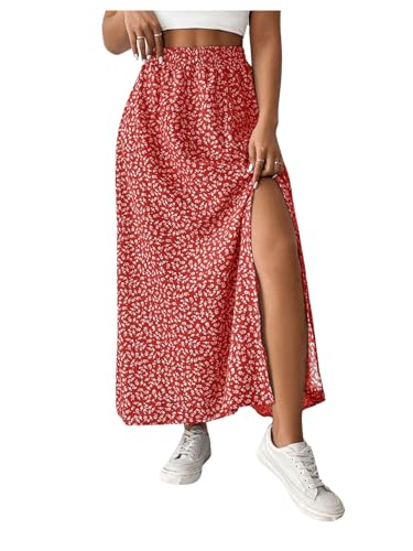 GORGLITTER Damen Petite Sommerrock Blümchen Casualrock Lange Sommer Rock mit Schlitz Freizeitrock Urlaub Rock mit Elasticher Rock Rot L von GORGLITTER