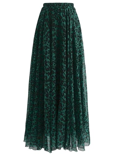 GORGLITTER Damen Plissee Rock Leopardenmuster Maxirock A Linie Röcke Elastischer Bund Freizeitrock Langer Herbstrock Hohe Taille Casualrock Grün L von GORGLITTER
