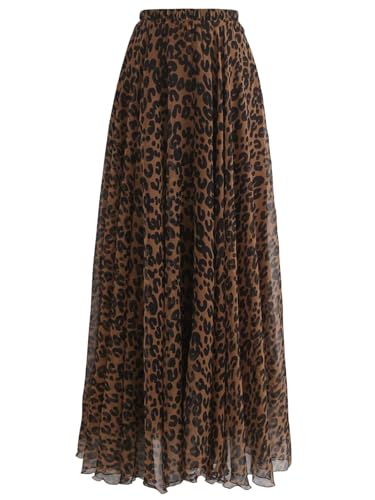 GORGLITTER Damen Plissee Rock Leopardenmuster Maxirock A Linie Röcke Elastischer Bund Freizeitrock Langer Herbstrock Hohe Taille Casualrock Leo XXL von GORGLITTER