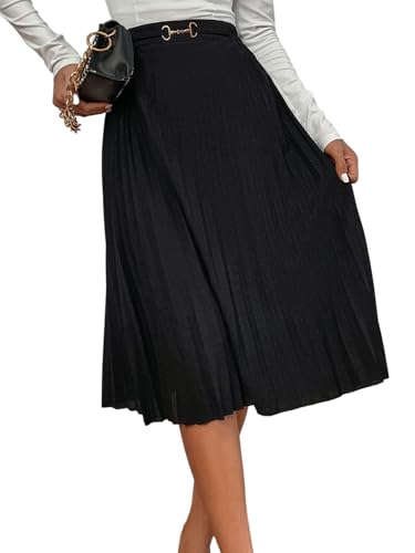 GORGLITTER Damen Plisseerock Elegant Elastisch Taille Midi Rock A-Linie Faltenrock Einfarbig Hohe Taille Röcke Langer Freizeitrock Business Outfit Schwarz S von GORGLITTER