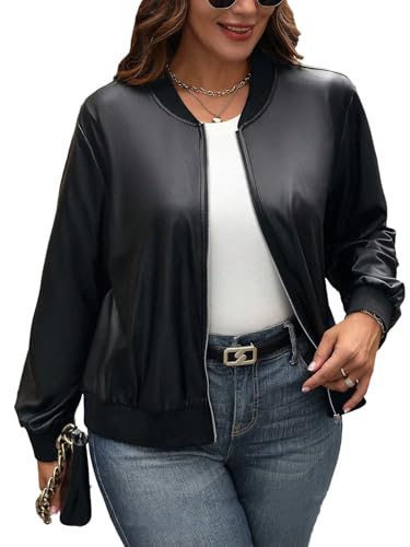 GORGLITTER Damen Pu Leder Jacke Große Größen Bomberjacke Langarm Damenjacke Blouson Curvy Lederjacke Übergangsjacke Damenmantel Schwarz 0XL von GORGLITTER