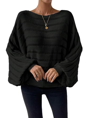 GORGLITTER Damen Pullover Damen Elegant Locker Strickpullover mit Fledermausärmel Leichte Puli mit U-Boot Ausschnitt Lose Gestrickte Pullover Schwarz L von GORGLITTER
