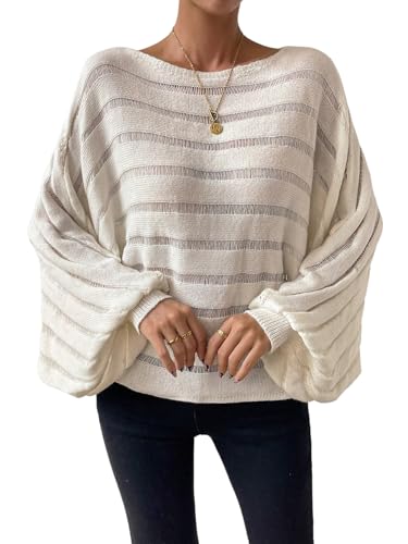 GORGLITTER Damen Pullover Damen Elegant Locker Strickpullover mit Fledermausärmel Leichte Puli mit U-Boot Ausschnitt Lose Gestrickte Pullover Weiß M von GORGLITTER