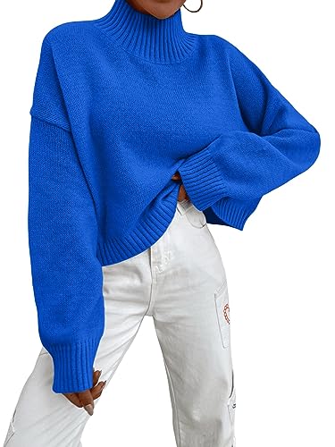 GORGLITTER Damen Pullover Drop Shoulder Sweaters Stehkragen Pulli Lässig Langarm Oberteile Winter Tops Königsblau XS von GORGLITTER