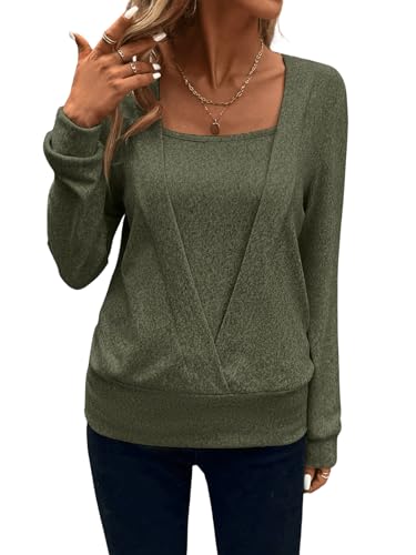 GORGLITTER Damen Pullover Eckiger Ausschnitt Oberteil Lässig Langarmshirts Locker Sweatshirt Armeegrün S von GORGLITTER