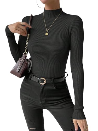 GORGLITTER Damen Pullover Elegant Langarm Strickpullover Slim Fit Stehkragen Puli Herbst Winter Stricktop Basic Shirt Rollkragenshirt Schwarz XXL von GORGLITTER