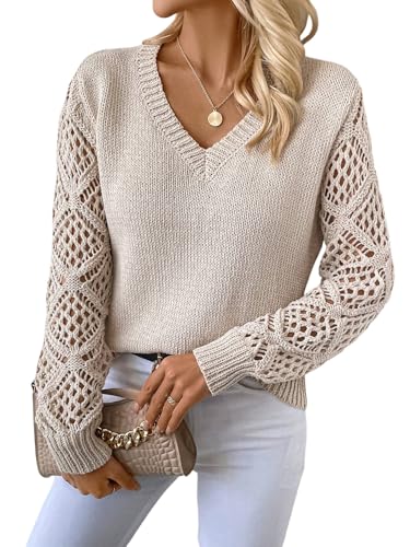 GORGLITTER Damen Pullover Elegant V-Ausschnitt Strickpullover Herbst Langarmshirt Lässige Oberteil Basic Häkelpullover Pulli Beige L von GORGLITTER
