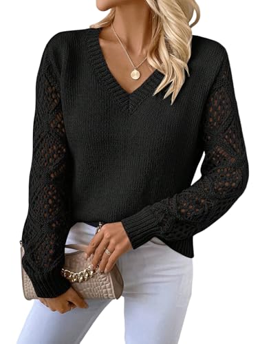 GORGLITTER Damen Pullover Elegant V-Ausschnitt Strickpullover Herbst Langarmshirt Lässige Oberteil Basic Häkelpullover Pulli Schwarz S von GORGLITTER