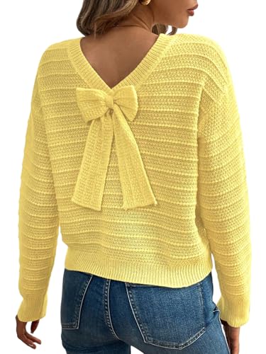 GORGLITTER Damen Pullover Herbst Langram Strickpullover mit Schleifendekor Elegant Langarmshirt Locker Sweater Warm Pulli Casual Oberteil Gelb XL von GORGLITTER
