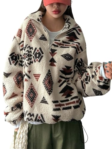 GORGLITTER Damen Pullover Kurz Herbst Leopardenmuster Y2K Langarm Sweatshirts Fleece Pullover mit Reißverschluss Warme Jacke Winterpullover Beige S von GORGLITTER