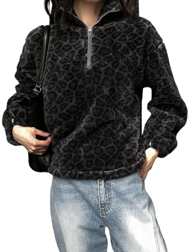 GORGLITTER Damen Pullover Kurz Herbst Leopardenmuster Y2K Langarm Sweatshirts Fleece Pullover mit Reißverschluss Warme Jacke Winterpullover Schwarz L von GORGLITTER