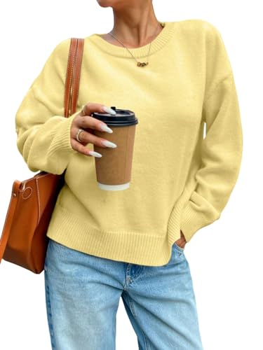 GORGLITTER Damen Pullover Lässig Strickpullover Rundhals Langarm Freizeitpullover Locker Casual Damenpullover Pulli Herbst Outfit Gelb M von GORGLITTER