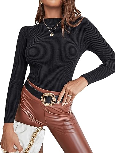 GORGLITTER Damen Pullover Stehkragen Baisc Oberteile Langarm Pulli Rippenstrick Langarmshirts T-Shirts Schwarz M von GORGLITTER