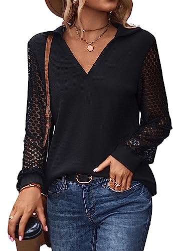 GORGLITTER Damen Pullover V-Ausschnitt Spitzen-Ärmeln Langarmshirt Lässig Oberteile Pulli mit Spitzen Schwarz M von GORGLITTER