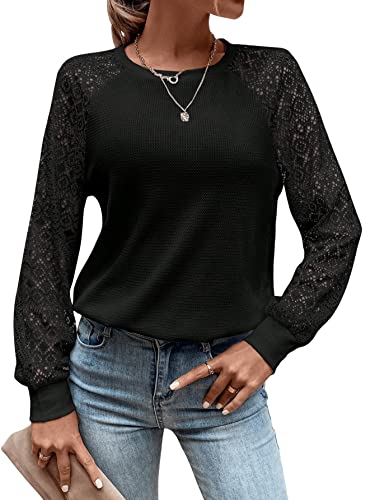 GORGLITTER Damen Pullover mit Spitzen Rundhals Oberteile Langarm Herbstshirt Casual Tops Pulli mit Raglanärmeln Schwarz M von GORGLITTER