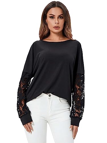 GORGLITTER Damen Pullover mit Spitzenarm Langarmshirt Casual Oberteile Sweatshirt Spitzentops Pulli Herbst Shirts Rundhals Schwarz XS von GORGLITTER