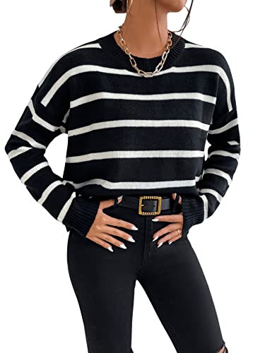 GORGLITTER Damen Pullover mit Streifen Strick Langarmshirt Gestreift Pulli Langarm Sweater Rundhals Oberteil Schwarz L von GORGLITTER