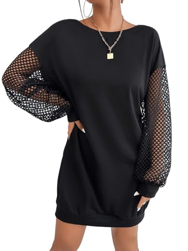 GORGLITTER Damen Pulloverkleid Sweatshirtkleid Langarm Herbstkleid Freizeitkleid Kurz Langarmkleid mit Fischnetzstoff Schwarz S von GORGLITTER