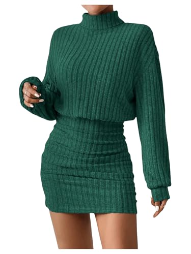 GORGLITTER Damen Pulloverkleid Stehkragen Freizeitkleid Rippstrick Winterkleid Kurzes Figurbetontes Kleid Dunkelgrün S von GORGLITTER