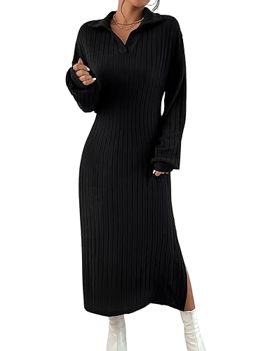 GORGLITTER Damen Pulloverkleid V Ausschnitt Lange Freizeitkleider Langarm Winterkleid Elegant Strickkleid mit Schlitz Schwarz L von GORGLITTER