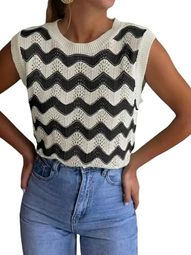 GORGLITTER Damen Pullunder Ärmellos Gestreift Strickpulli Häkel Weste Strickweste Rundhals Stricktop Leicht Strickpullunder Tanktop Schwarz und Weiß S GORGLITTER Damen Pullunder Ärmellos Gestreift Strickpulli Häkel Weste Strickweste Rundhals Stricktop Leicht Strickpullunder Tanktop Schwarz und Weiß S von GORGLITTER