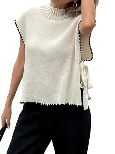 GORGLITTER Damen Pullunder Ärmellos Herbst Strickweste mit Stehkragen Strickpullover Flügelärmeln Casual Strickoberteil Strickpulli mit Knoten Aprikosenfarben L von GORGLITTER