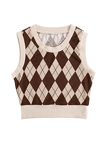 GORGLITTER Damen Pullunder Knit Top Crop Strickweste V-Ausschnitt Vintage Preppy Stil Strickpullover Casual Stricktop Braun M von GORGLITTER