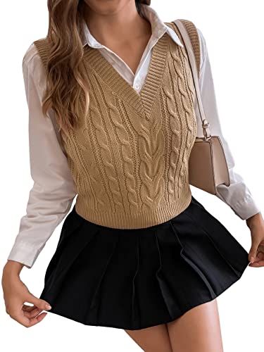 GORGLITTER Damen Pullunder V-Ausschnitt Strickweste Ärmellos Pullunder Pullover Grobstrick Strickpulli Weste Herbst Strickpullover Khaki M von GORGLITTER