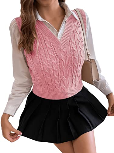 GORGLITTER Damen Pullunder V-Ausschnitt Strickweste Ärmellos Pullunder Pullover Grobstrick Strickpulli Weste Herbst Strickpullover Rosa M von GORGLITTER