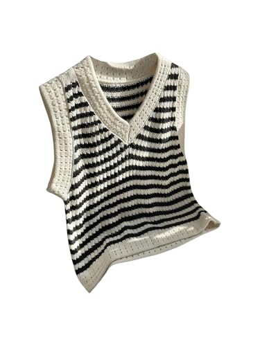 GORGLITTER Damen Pullunder V-Ausschnitt Strickweste Ärmellos Pullunder Pullover Lochstrick Strickpulli Weste Herbst Strickpullunder Schwarz und Weiß L GORGLITTER Damen Pullunder V-Ausschnitt Strickweste Ärmellos Pullunder Pullover Lochstrick Strickpulli Weste Herbst Strickpullunder Schwarz und Weiß L von GORGLITTER