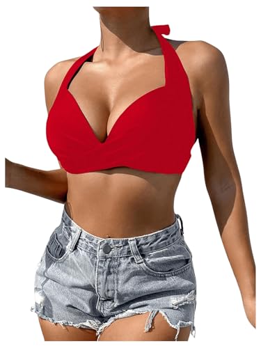 GORGLITTER Damen Push UP Bikini Top Neckholder Bikinioberteil Triangel Bikini Top mit Twist Badetop Bandeau Bikini-top Rot L von GORGLITTER