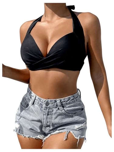 GORGLITTER Damen Push UP Bikini Top Neckholder Bikinioberteil Triangel Bikini Top mit Twist Badetop Bandeau Bikini-top Schwarz XL von GORGLITTER