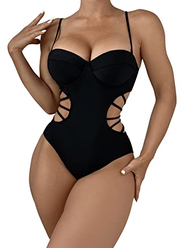 GORGLITTER Damen Push Up Badeanzug Cut Outs One Piece Swimwear Spaghettiträger Einteilige Bademode mit Kreuzgurt Schwarz L von GORGLITTER