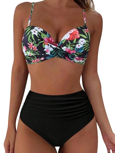 GORGLITTER Damen Push Up Bikini Set 2-teiler Badeanzug Tropisch Bademode Strandmode Hohe Taille Sommer Swimmsuit Strand Outfit Schwarz L von GORGLITTER