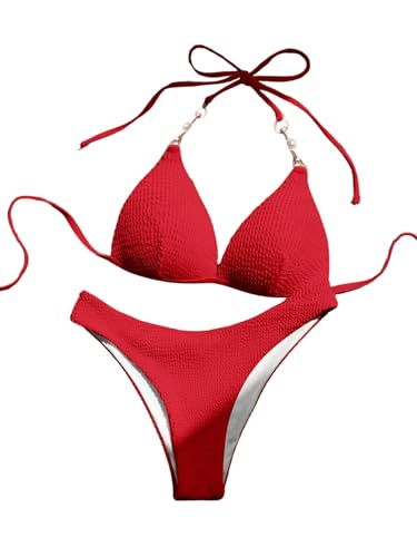 GORGLITTER Damen Push Up Bikini Set Neckholder Triangle-Bikini Badeanzug Zweiteile Bademode Swimmwear Set Rot S von GORGLITTER