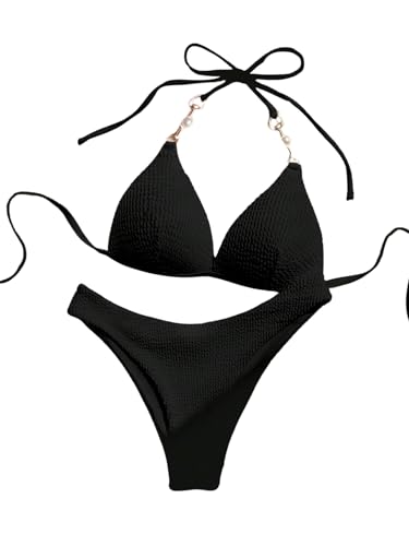 GORGLITTER Damen Push Up Bikini Set Neckholder Triangle-Bikini Badeanzug Zweiteile Bademode Swimmwear Set Schwarz XS von GORGLITTER