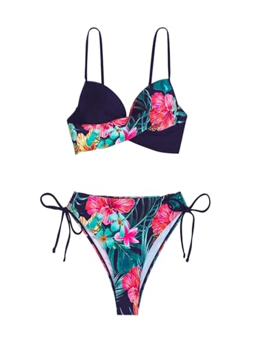 GORGLITTER Damen Push Up Bikini Set Zweiteilliger Badeanzug Tropisch Strandmode 2 Pieces Sommer Swimmsuit Set mit Muster Dunkelblau M von GORGLITTER