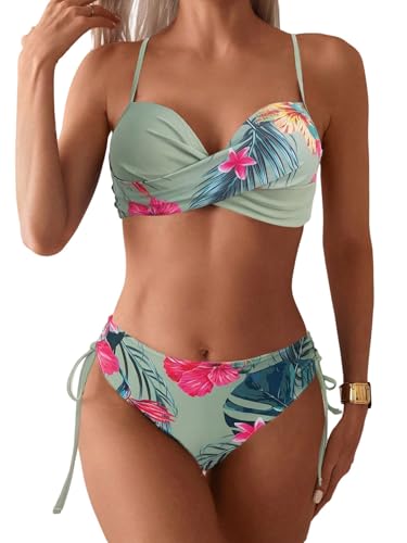 GORGLITTER Damen Push Up Bikini Set Zweiteilliger Badeanzug Tropisch Strandmode 2 Pieces Sommer Swimmsuit Set mit Muster Grün M von GORGLITTER