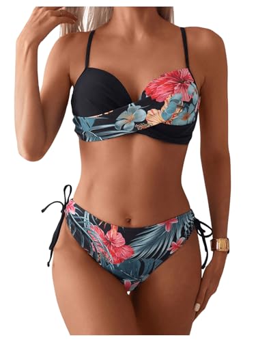 GORGLITTER Damen Push Up Bikini Set Zweiteilliger Badeanzug Tropisch Strandmode 2 Pieces Sommer Swimmsuit Set mit Muster Schwarz S von GORGLITTER