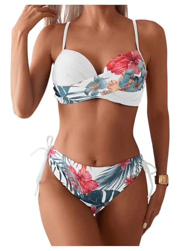 GORGLITTER Damen Push Up Bikini Set Zweiteilliger Badeanzug Tropisch Strandmode 2 Pieces Sommer Swimmsuit Set mit Muster Weiß M von GORGLITTER
