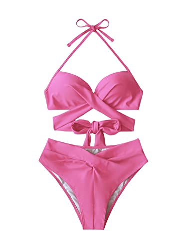 GORGLITTER Push Up Bikini Damen Badeanzug Sets Neckholder Swimsuit Zweiteiligwe Bademode Swimwear Strandmode mit Kreuzgurt Heißes Pink XS von GORGLITTER