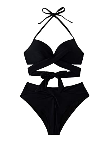 GORGLITTER Push Up Bikini Damen Badeanzug Sets Neckholder Swimsuit Zweiteiligwe Bademode Swimwear Strandmode mit Kreuzgurt Schwarz S von GORGLITTER